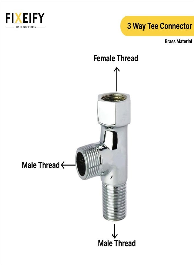 Fixeify Brass Tee Male+Female Thread|15mm (1/2") Inner & Outer Thread|Multi-Functional 3-Way Pipe Fitting for Water Supply, Plumbing with Teflon Tape and 2 Rubber Washers (Tee Connector, 2, Pack) - Image 4